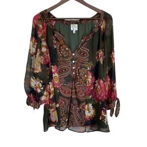 Fig & Flower Dark Green and Maroon Sheer Floral  Blouse - 3x